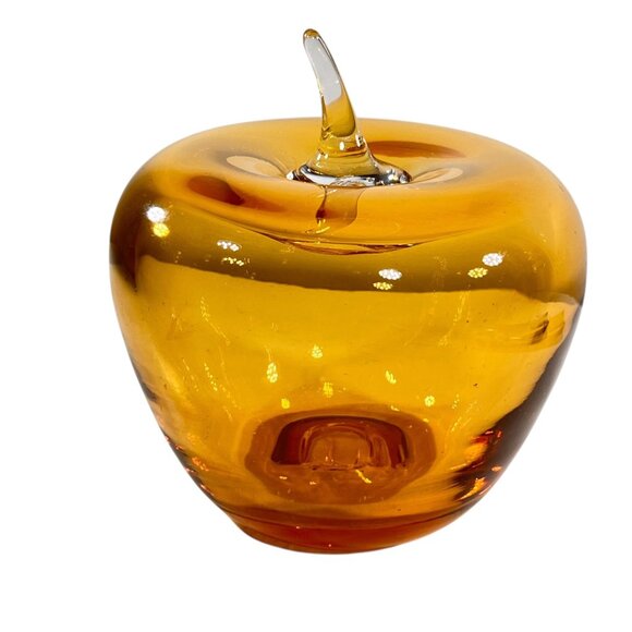 BLENKO Other - Vtg Blenko Amber Art Glass Apple Paperweight MCM Applied Clear Stem Hand Blown